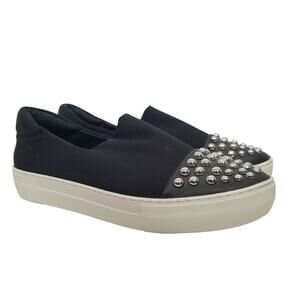 Renvy Women's Black Silver Studded Toe Fabric Upper Slip On Sneakers 10